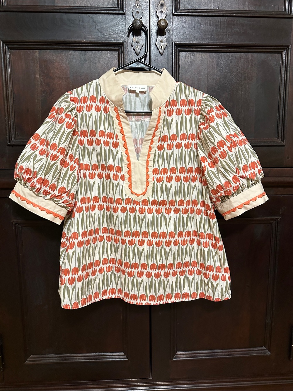 entro Cream Blouse with Orange Tulip Print and Olive Stems